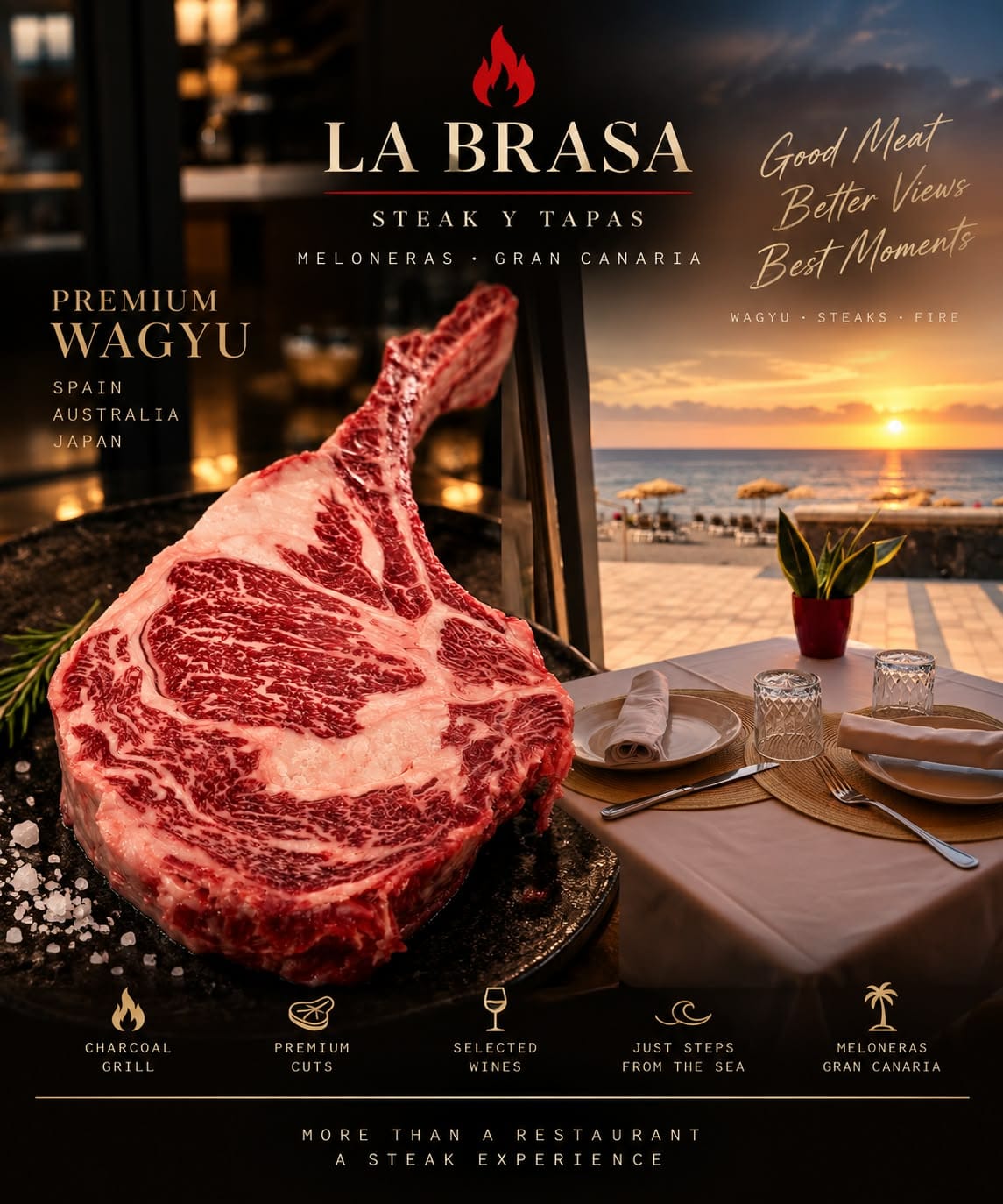 La Brasa Steak y Tapas en Meloneras: Wagyu de España, Australia y Japón, junto al mar